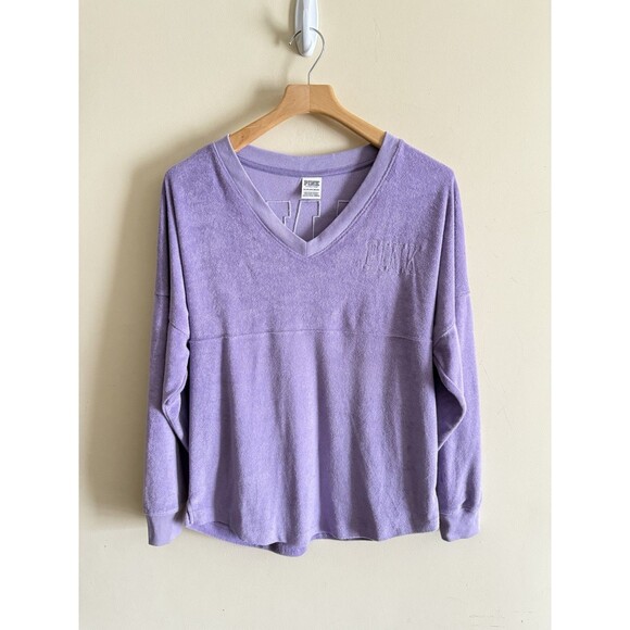 VICTORIA'S SECRET Pink Purple TERRY VARSITY BEACH OVERSIZE TOP SHIRT XS 90s Y2K - Picture 1 of 4